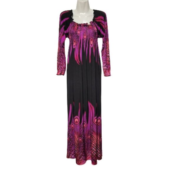 Long Sleeve Maxi Dress Peacok Motif Long Dress - One Size Fits Most- NEW ! - Picture 1 of 11